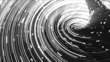 Poster - Abstract black and white swirl pattern with glowing lights and dynamic circular motion, creating a modern, futuristic visual effect