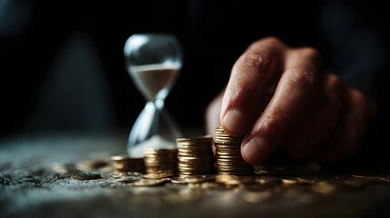 Poster - Hands stacking coins with hourglass symbolizing long term financial planning