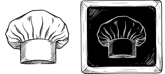 Poster - Chef hat sketch, isolated hand-drawn vector image in two design variants - on transparent and black background, chalk drawing