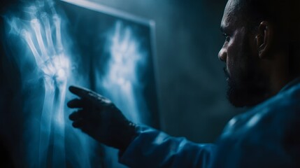 Poster - Doctor examining X ray of broken bone with focused attention