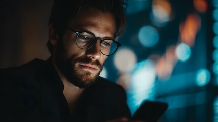 Poster - A man closely examining data on his smartphone in a dimly lit urban setting