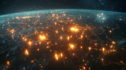 Poster - Night view of Earth showing city lights and constellations.
