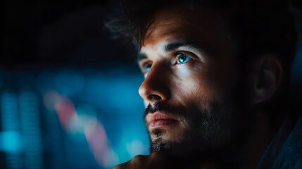 Poster - Pensive investor analyzing financial data on a digital display