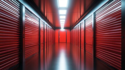 Canvas Print - red storage units corridor, brightly lit, reflective floor.