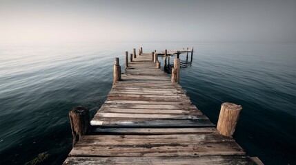  Wooden pier on a calm lake at dawn
