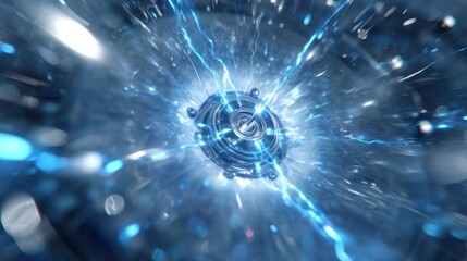 Aufkleber - Electrical discharge illuminating central resonator cavity, generating vibrant plasma arc with dynamic blue and white hues, showcasing scientific energy phenomena in precise laboratory environment