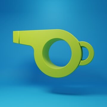 Green Whistle icon isolated on blue background. Referee symbol. Fitness and sport sign. Minimalism concept. 3D render illustration