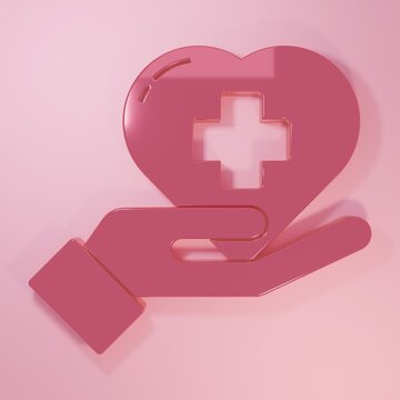Pink Heart with a cross icon isolated on pink background. First aid. Healthcare, medical and pharmacy sign. Minimalism concept. 3D render illustration