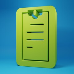 Poster - Green Clipboard with checklist icon isolated on blue background. Control list symbol. Survey poll or questionnaire feedback form. Minimalism concept. 3D render illustration