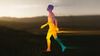 © Synthesia Studio - Double exposure of man walking with sunset landscape and motion blur trail effect