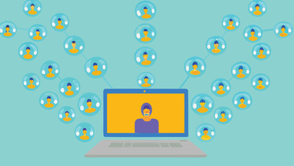Poster - Online meeting with connected individuals in bubbles surrounding a laptop screen image showing a person