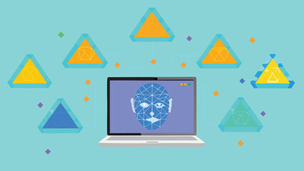 Leinwandbilder - Laptop displaying ai face surrounded by colorful triangles and geometric shapes design art