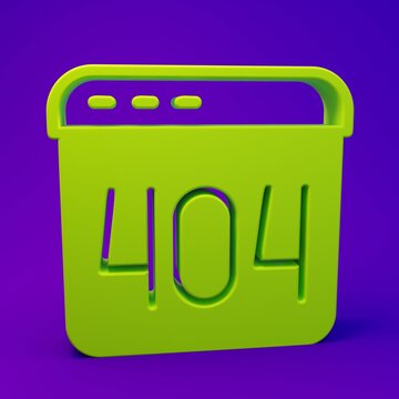 Green Page with a 404 error icon isolated on purple-blue background. Template reports that the page is not found. Minimalism concept. 3D render illustration