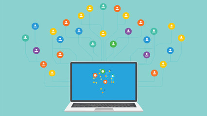 Leinwandbilder - Laptop displaying a network of colorful user icons connected by lines on a light blue background