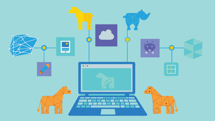 Poster - Illustration of a laptop connected to various icons and geometric animal shapes on a light blue background
