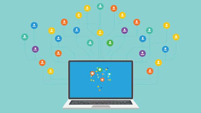 Laptop displaying a network of colorful user icons connected by lines on a light blue background