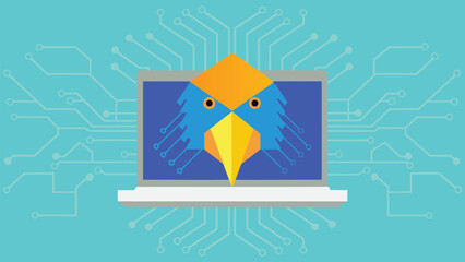 Poster - Laptop displaying a stylized bird head with circuit patterns in the background design element