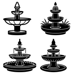 Fototapete - Illustration of four different tiered water fountains in a black and white vector graphic style design