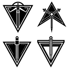 Poster - Collection of four black and white triangular emblems featuring swords and geometric design elements