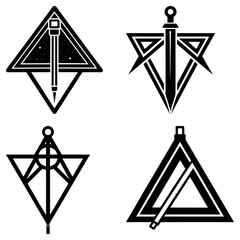 Leinwandbilder - Four geometric designs featuring triangles with a pencil, sword, circle and line, and a rod, in black and white