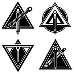 Leinwandbilder - Four triangular emblems featuring tools and weapons in black and white geometric designs arranged neatly