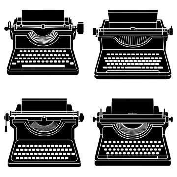 Four vintage typewriters in black silhouette each with paper inserted and detailed keypads and mechanisms