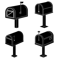 Poster - Four black mailboxes with different designs and styles standing on posts on a white background