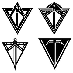 Leinwandbilder - Four triangle emblems featuring various tools and weapons in black and white design elements style
