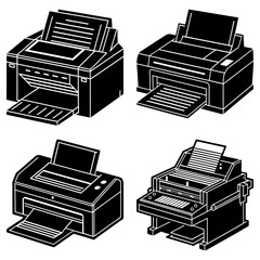 Fototapete - Four different black and white printer illustrations showing printing and paper loading mechanisms in detail