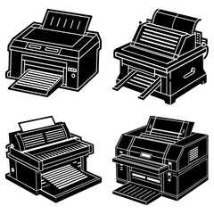Fototapete - Four black and white illustrations of different types of printers with paper in them and trays out