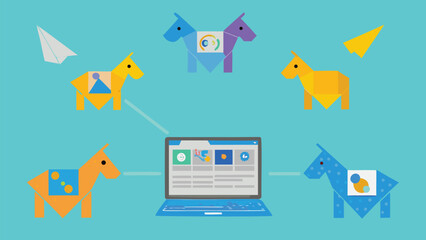 Leinwandbilder - Geometric horses and paper airplanes connected to a laptop on a blue background illustration