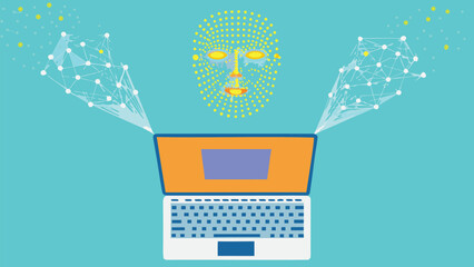 Leinwandbilder - Laptop displaying a face made of dots with network connections on a light blue background color
