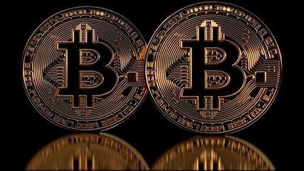 Poster - Two gleaming golden bitcoin coins representing digital currency with precision and exactness in a modern economy. Bitcoin Coins in Symmetry – Animated Video Version