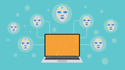 Leinwandbilder - Laptop connected to multiple avatars on a blue background with floating circles design style image