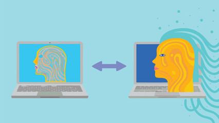 Leinwandbilder - Two laptops displaying human head profiles connected by a double headed arrow in light blue scene