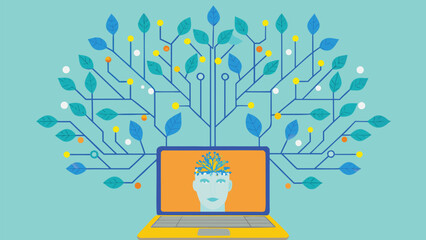 Poster - Illustration of a laptop with a brain tree connecting to a network of leaves and branches
