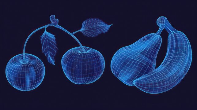 Wireframe rendering of fruit, including cherries, apple, pear, and banana on a dark background