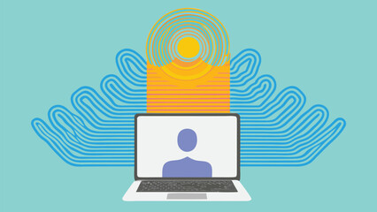 Leinwandbilder - Laptop displaying a person with radiating waves and an abstract background design element behind it