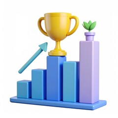 Poster - 3D Rendered Bar Graph With Trophy and Plant Depicting Business Success Against Clear Background