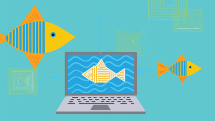 Leinwandbilder - A laptop displaying a fish with two other fish and geometric shapes on a light blue background
