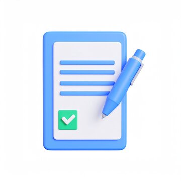 3D Rendered Digital Document And Pen With Checkmark On White Background For Signature Approval Concept