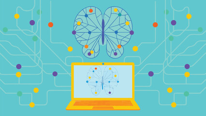 Leinwandbilder - Illustration of a laptop displaying a butterfly design with connecting lines and colorful dots on screen
