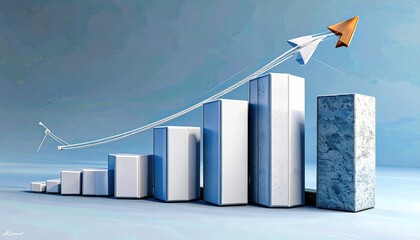 Poster - Abstract Financial Growth Visualization With Bar Graph and Ascending Arrow on Blue Gradient Background