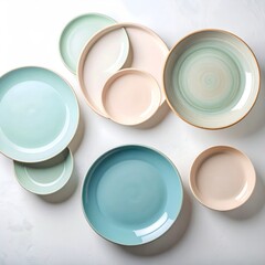 Aufkleber - Assortment Of Pastel Colored Ceramic Plates Arranged On White Surface Top View