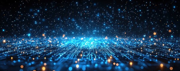 Poster - Abstract blue digital landscape with glowing lights and interconnected lines