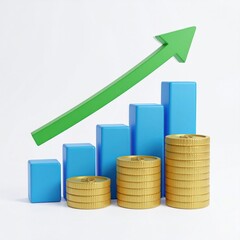 Poster - Blue Bar Chart With Green Upward Arrow And Gold Coins on White Background Illustrating Financial Growth