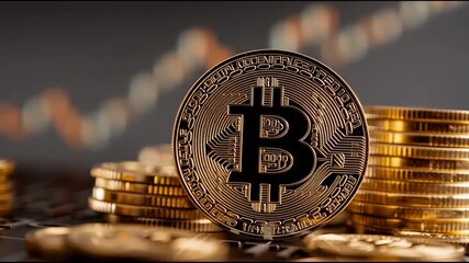Poster - Shiny bitcoin coin representing cryptocurrency staking strategy and earning rewards in the digital financial landscape. Bitcoin Staking Rewards – Animated Video Version