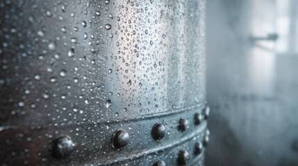 Poster - Condensing water droplets revealing heat generation on metallic bioreactor surface during fermentation, demonstrating precise temperature control in bioprocessing