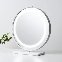 Poster - Circular Tabletop Mirror With Built In Led Ring Light On White Surface With Soft Glow