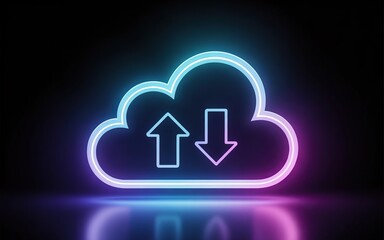 Poster - Neon Cloud with Upload and Download Arrows Symbolizing Cloud Computing Technology and Data Transfer
